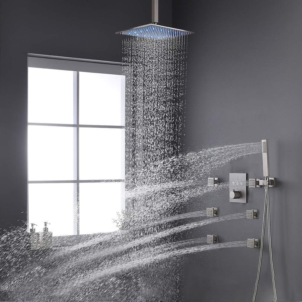 Ramona LED Thermostatic High Pressure Brushed Nickel Bathroom Shower Set